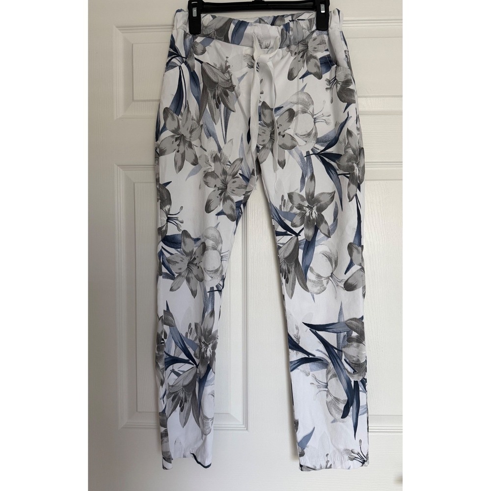 Made In Italy‎ Floral Lily Print Drawstring Pants White Blue Grey L/XL